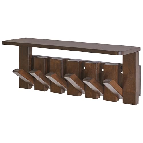 YMYNY Piano Key Coat Rack Wall Mount with Shelf and 6 Hooks, Walnut HWS008H | Solid Wood Wall Mounted Coat Rack with Retractable Hooks for Coat Hat Key - Wall Coat Rack with Hooks for Entryway, Bathroom - color: Rustic Brown