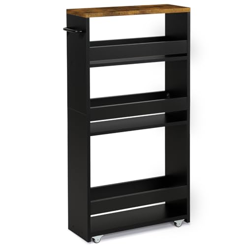 TEAMIX Slim Rolling Storage Cart, Wood 4-Tier Narrow Kitchen/Laundry Cart - color: Black+brown, size: 5-1/2'' W