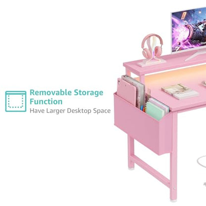 Lufeiya Small Girls Desk with Power Outlets and LED Lights, 32 Inch Gaming Desk Table with Charging Station, Home Office Computer Desks with Monitor, Pink - color: Pink, size: 31.5"