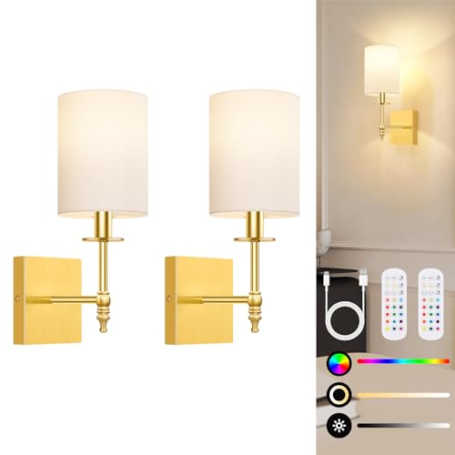 Gold Rechargeable Wall Lights with Remote, Battery Operated Wall Sconces Set of 2, Wireless Wall Lamps with 15 Color Dimmable Bulbs for Bedroom Living Room Hallway Decor - color: Gold and White, size: 14.5 inch