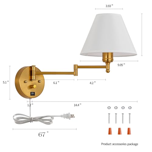 Swing Arm Wall Sconces, Plug-in Wall lamp,Bedroom Wall lamp ， White Fabric Shade，，with dimmable Switch and USB Charging Port, Suitable for Bedside, Living Room, Reading (Golden) - color: Golden