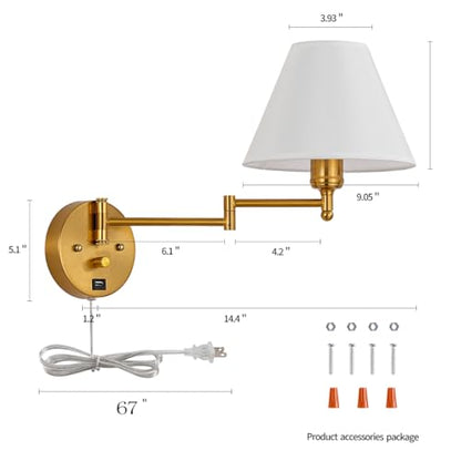 Swing Arm Wall Sconces, Plug-in Wall lamp,Bedroom Wall lamp ， White Fabric Shade，，with dimmable Switch and USB Charging Port, Suitable for Bedside, Living Room, Reading (Golden) - color: Golden