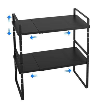 Expandable Cabinet Shelf Organizer, Stackable Kitchen Pantry Counter Storage, Adjustable Closet Cupboard Stand Rack Risers Spice Organization 80LBS Heavy Duty Black 2 Pack - color: Black Small