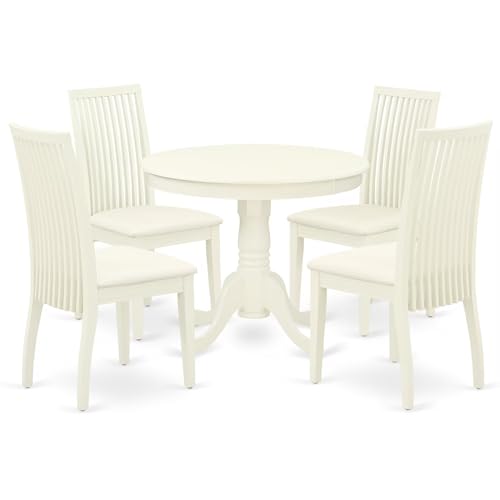 East West Furniture ANIP5-LWH-C 5 Piece Kitchen Table & Chairs Set Includes a Round Dining Room Table with Pedestal and 4 Linen Fabric Upholstered Chairs, 36x36 Inch, Linen White - color: Anip5-lwh-c