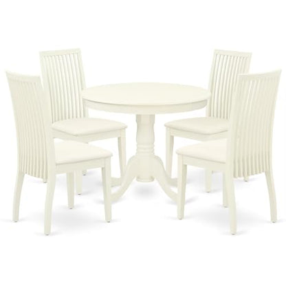 East West Furniture ANIP5-LWH-C 5 Piece Kitchen Table & Chairs Set Includes a Round Dining Room Table with Pedestal and 4 Linen Fabric Upholstered Chairs, 36x36 Inch, Linen White - color: Anip5-lwh-c