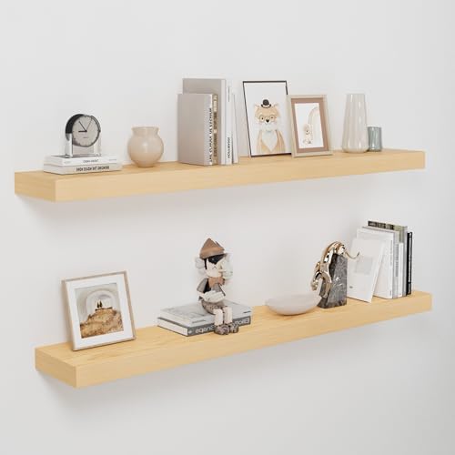 48 inch Long White Oak Floating Shelves for Wall, 8in Deep, Set 2 | 2" Thick Wood Wall Shelf, Heavy Duty Bracket, Bathroom Bedroom Kitchen Living Room, Non-tilting, 50LBS Capacity, Easy Install - color: White Oak, size: 48 x 7.9 x 2 (2pc)