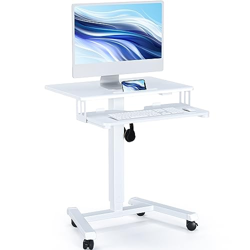 BONTEC Mobile Standing Desk with Keyboard Tray, Mobile Podium on Wheels | Rolling Laptop Sit Stand Desk, Adjustable Height Desk Up to 33lbs, Portable Computer Workstation Cart for Living Room, White - color: White