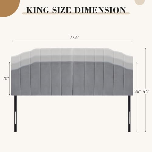 Upholstered Headboard Adjustable Height Queen/King Headboard Cream Velvet Tufted Modern Vertical Channel Design with Stepped Silhouette Top Edge(Grey King) - color: Gray, size: King