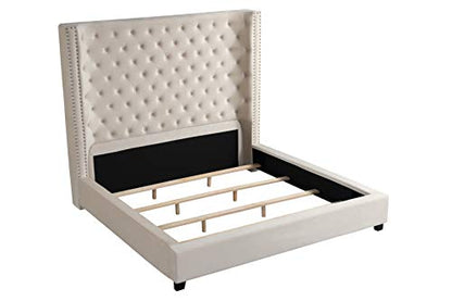 Jaclyn Upholstered Low-Profile Platform Bed Frame, Beige - Queen | Velvet Fabric, 70" Tall Straight Edge Headboard, Button Tufting, Nailhead Trim, Transitional Style - color: Beige, size: Queen (U.S. Standard)