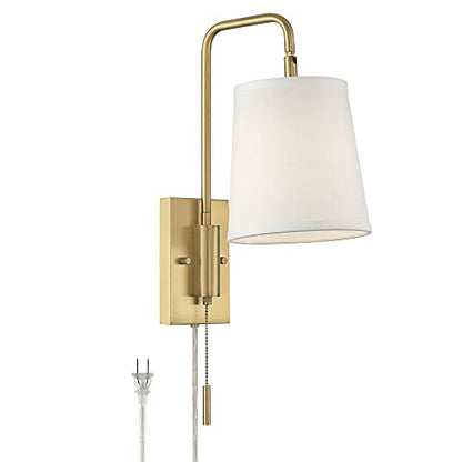 Luca 15 1/2" Warm Brass Swing Arm Plug-In Wall Mount Lamp Light Fixture | Mid Century Modern Indoor Finish Metal Fabric Shade for Bedroom Bedside House Reading Living Room Home Hallway