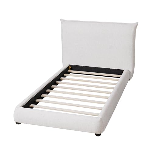 DNYN Upholstered Platform Bed Frame with Thick Pillow-Back Headboard | Linen Fabric Bed| Low-profile Design| No Box Spring Needed| Wooden Slats Support| Easy Assemble| Twin Size - size: Twin
