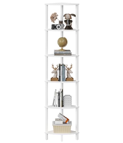 VIMBER Corner Shelf, 6-Tier Corner Bookshelf, Industrial Corner Ladder Shelf, DIY Storage Shelves, Modern Display Shelf for Living Room, Bedroom, Kitchen, Home Office, White UJSJ004W - color: White, size: 6-Tier without LED