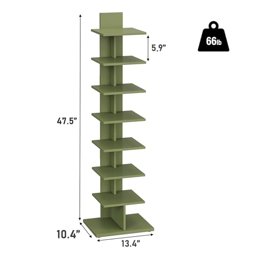TUTOTAK Book Shelf, Narrow Spine Bookshelf, 8-Tier Bookcase for Small Space | 10.4 x 13.4 x 47.5 Inches Vertical Freestanding Corner Shelf for Living Room, Office, Study, Entryway, Olive Green BS06BOG008 - color: Olive Green, size: 8 Tier