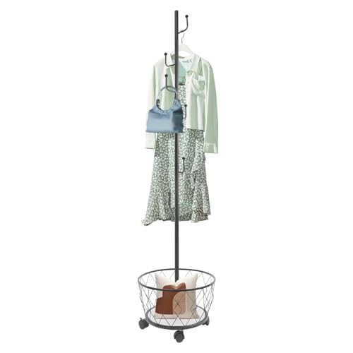 Coat Rack Freestanding, Coat Tree with Umbrella Holder, Metal Coat Rack Stand with 6 Hooks, Modern Coat Hanger Stand w/Wheels for Entryway, Purse Rack Hat Rack Stand (Black) - color: Black