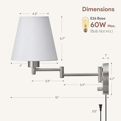 VONLUCE Wall Lamp, Plug in & Swing Arm Wall Sconce, Nickel Finish | Modern Wall Lights with White Fabric Shades, Plug in & Hardwired Wall Mounted Light for Bedside, Living Room, Hallway - color: Nickel, size: 1 Pack