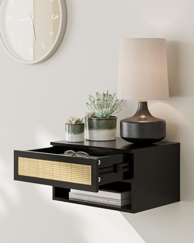 Modern Floating Nightstand with Drawer, Wall Mount Shelves, Black Rattan | Small Space Saver, Modern Minimalist Design, Wall Mounted Shelves, for Bedroom, Bathroom, Living room, Easy Assembly, Rattan - color: Black Rattan