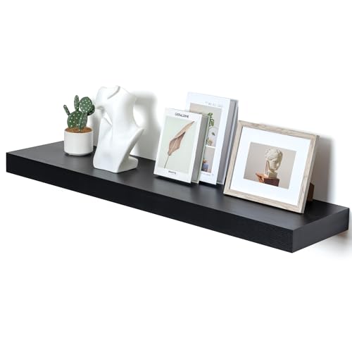 48 Inch Floating Shelf, 12'' Deep Black Shelves for Wall Set of 1 | Invisible Brackets, Engineered Wood, Mounting Hardware Included, 50LBS, Bathroom, Laundry Room, Kitchen, Living Room - color: Black, size: 48W x 11.6D x 2H, 1 Pack