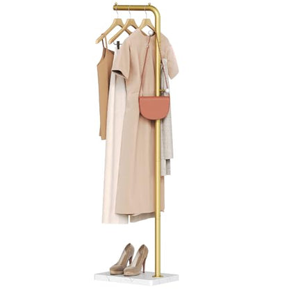 L Shaped Glod Coat Rack, Metal Coat Tree, Modern Clothes Rack with 3 Hooks and Thickened Base, Floor Standing Coat Hanger Stand, for Entryway, Living Room, Cloakroom, Gold and White YM01DWY1