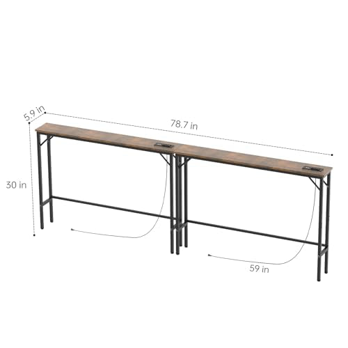 Aduanbang 78.7 inch Narrow Console Table with Outlet, Sofa Table Set of 2, Behind Couch Table, Long Entryway Tables with Charging Station, for Living Room, Rustic Brown - color: Rustic Brown, size: 5.9"D x 78.7"W x 30"H
