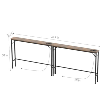 Aduanbang 78.7 inch Narrow Console Table with Outlet, Sofa Table Set of 2, Behind Couch Table, Long Entryway Tables with Charging Station, for Living Room, Rustic Brown - color: Rustic Brown, size: 5.9"D x 78.7"W x 30"H