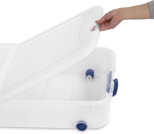 Large storage box, 66 quart transparent under-bed storage box equipped with locking lid and wheels, blue.
