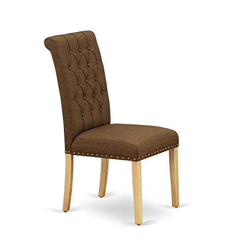 East West Furniture DLBR3-OAK-18 3 Piece Kitchen Table & Chairs Set Contains a Round Dining Table with Dropleaf and 2 Brown Linen Linen Fabric Upholstered Chairs, 42x42 Inch, Oak - color: Dlbr3-oak-18