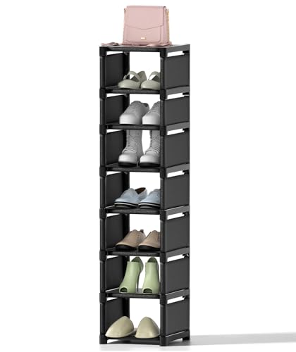 Space-Saving 8-Tier Vertical Shoe Rack, Stackable Narrow Shoe Organizer with Dustproof Fabric Shelves, Sturdy Metal Frame Storage for Entryway Closet Dorm Apartment Small Spaces - size: 8-Tier