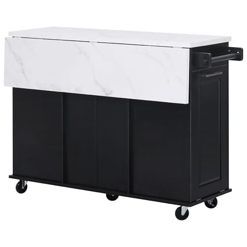 50.7" Kitchen Island with Storage Tilt Trash Can Cabinet and Pull Out Cabinet Organizer, Rolling Kitchen Island on 5 Wheels with Drop Leaf (Black/tt) - color: Black/Tt)