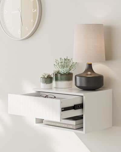 Modern Floating Nightstand with Drawer, Wall Mount Shelves, White Stripe | Small Space Saver, Modern Minimalist Design, Wall Mounted Shelves, for Bedroom, Bathroom, Living room, Easy Assembly, Stripe - color: White Stripe