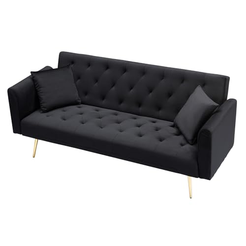 71" Modern Velvet Sofa Bed Futon, Convertible Sleeper Couch, Adj. Backrest | Tufted Recliner Loveseat Design with Golden Chrome Legs & 2 Pillows, Perfect for Small Spaces, Living Room, Apartment - color: Black