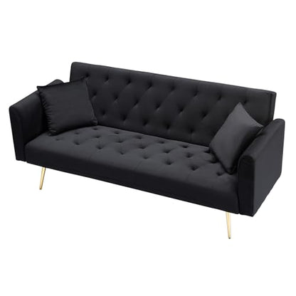 71" Modern Velvet Sofa Bed Futon, Convertible Sleeper Couch, Adj. Backrest | Tufted Recliner Loveseat Design with Golden Chrome Legs & 2 Pillows, Perfect for Small Spaces, Living Room, Apartment - color: Black