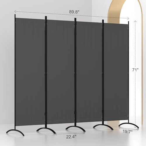 Room Divider 4 Panel Folding Screen Portable Wall with 5 Curved Metal Feet Partition Room Dividers，6FT Wall Divider for Office Divider, Bedroom，Dressing Room,Grey - color: Grey, size: 4 Panel Standard