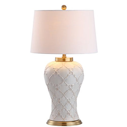 JONATHAN Y Arthur Textured Ceramic Table Lamp 29", Cream | Quatrefoil Trellis Design, White Linen Drum Shade, Brass Accents, LED Bulb Included