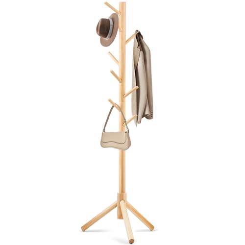 WANGMUXIA Freestanding Coat Rack | Coat Rack with 8 Hooks and 3 Adjustable Size Tree for Bedroom, Hallway, Entrance, Office, for Hats, Coats, Scarves, Handbags - color: Natural, size: 1 Pc