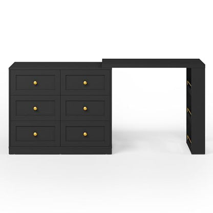 RoyalCraft Vanity Desk and Dresser Combo, 67" Extendable Big Makeup Vainty with 6 Drawer Dresser and 3 Side Shelves, Wood Corner Vanity for Bedroom, Dressing Table for Women Girlfriend, Black