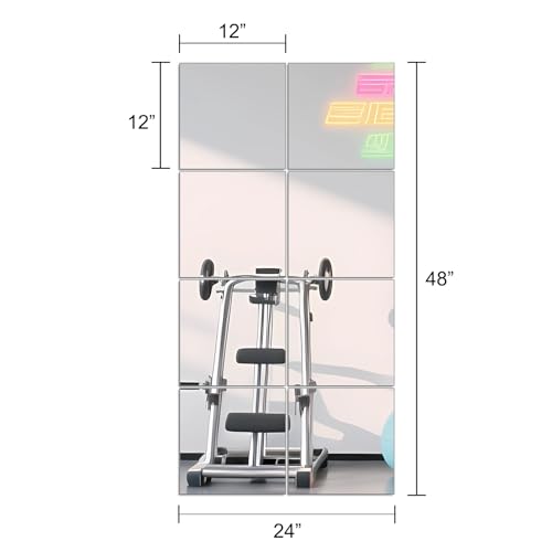 Full Length Mirror Tiles, 12" x 12" x 8PCS Frameless Wall Mounted Mirror | Square Large Wall Mirror Tiles for Home Gym, Bedroom, Door, Bathroom, Frameless Mirror Sets - size: 12"x12"-8pcs