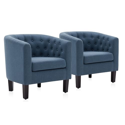 BELLEZE Accent Barrel Arm Chair Set of 2, Modern Comfy Upholstered Tufted Club Chair with Sturdy Legs and Linen Fabric for Bedroom Living Room - Navy Blue - color: Navy Blue, size: 2 x Linen Chair