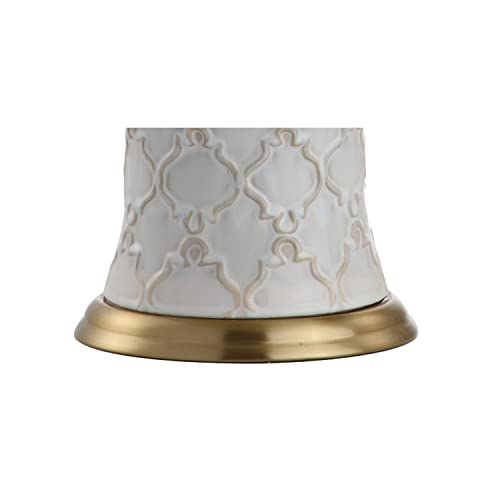 JONATHAN Y Arthur Textured Ceramic Table Lamp 29", Cream | Quatrefoil Trellis Design, White Linen Drum Shade, Brass Accents, LED Bulb Included