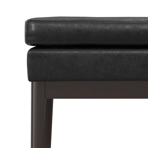SIMPLIHOME Carlson 27" Wide Woven Fabric Rectangle Ottoman in Black | Mid-century modern ottoman with a padded seat for extra seating in the bedroom or living room; footstool, footrest. - color: Distressed Black, style: Small Ottoman Bench