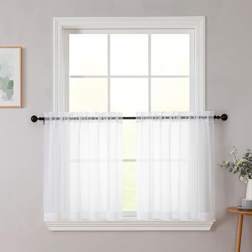 Kitchen Curtains 24 Inch Length Tier 2 Pieces, White Sheer Curtain Solid Soft Sheer Short Curtains for Windows, Cafe Bathroom Basement Rod Pocket Drapes, White, Each 42" Wx24 L Inches - color: White, size: 42"W x 24"L (Pack of 2)