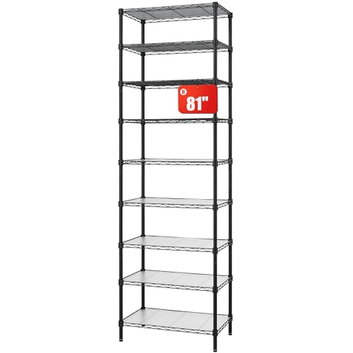 Finnhomy 9-Tier Wire Shelving Unit Adjustable Steel Wire Rack Shelving, 81 Inches Height 9 Shelves Metal Storage Rack, Pantry Shelves for Storage with PE mat, NSF Certified, Black - color: Black, size: 81 Inches