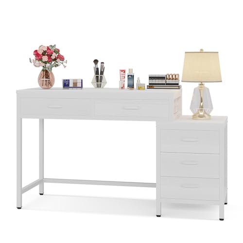 Tribesigns Vanity Desk with 5 Drawers, Makeup Vanity Table | Dressing Table with Side 3-Drawer Chest, Make Up Vanities for Women, Girls (Without Mirror), White - style: White