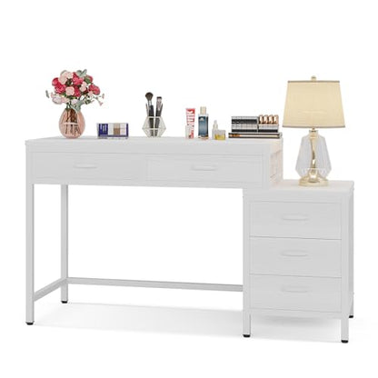 Tribesigns Vanity Desk with 5 Drawers, Makeup Vanity Table | Dressing Table with Side 3-Drawer Chest, Make Up Vanities for Women, Girls (Without Mirror), White - style: White