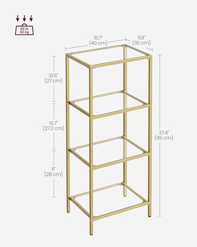VASAGLE Bookcase, 4-Tier Bookshelf, Slim Shelving Unit for Bedroom, Bathroom, Home Office, Tempered Glass, Steel Frame, Metallic Gold ULGT28G - color: Metallic Gold, size: 4 Tiers (15.7"W x 37.4"H)