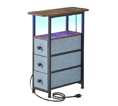 Narrow End Table with Charging Station, Narrow Side Table with Drawer, Small Nightstand with LED Light, Skinny Nightstand, Small Bedside Table for Living Room, Grey - color: Grey, size: 7.9" W x 18.9" D, style: Power + Light