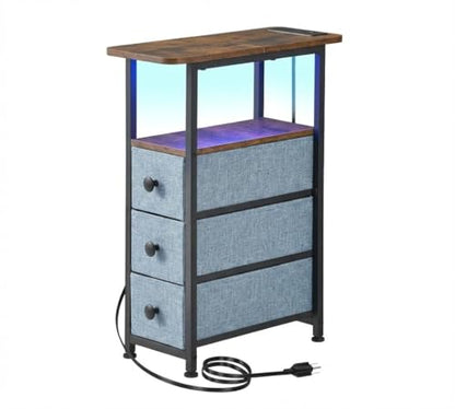 Narrow End Table with Charging Station, Narrow Side Table with Drawer, Small Nightstand with LED Light, Skinny Nightstand, Small Bedside Table for Living Room, Grey - color: Grey, size: 7.9" W x 18.9" D, style: Power + Light
