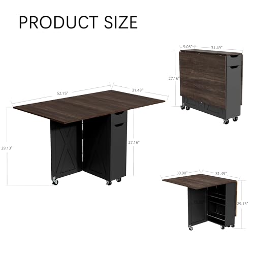 Folding Dining Table for 2-6, Easy Assembly, Dark Brown+Black | 52.7" Folding Dining Table with 6 Wheels, Drop Leaf Table with Drawers, Shelves and Wine Rack for Small Spaces - color: Dark Brown