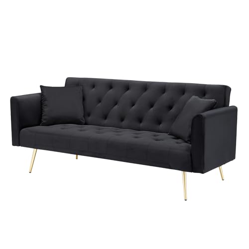 71" Modern Velvet Sofa Bed Futon, Convertible Sleeper Couch, Adj. Backrest | Tufted Recliner Loveseat Design with Golden Chrome Legs & 2 Pillows, Perfect for Small Spaces, Living Room, Apartment - color: Black