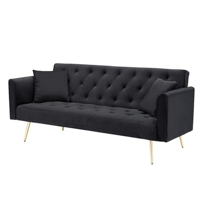 71" Modern Velvet Sofa Bed Futon, Convertible Sleeper Couch, Adj. Backrest | Tufted Recliner Loveseat Design with Golden Chrome Legs & 2 Pillows, Perfect for Small Spaces, Living Room, Apartment - color: Black