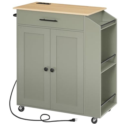 HOOBRO Kitchen Island with Power Outlet, Storage Island with Spice Rack and Drawer, Rolling Kitchen Cart on Wheels, for Home, Dining Room, Natural and Green JN82UZD01G1 - color: Natural + Green